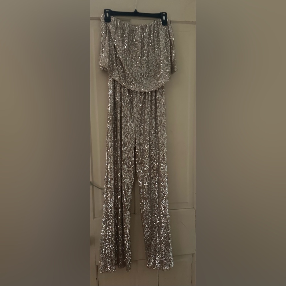 Altar'd State Silver Sequin Off-Shoulder Jumpsuit